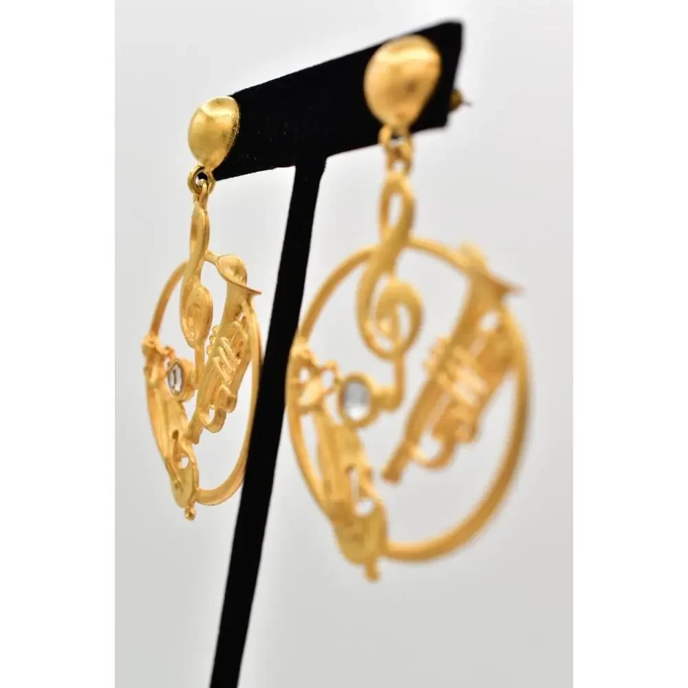 Vintage Musical Dangle Earrings Instrument Brushed Gold Matte NOS 1980s BinBK